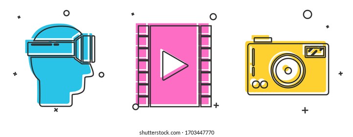 Set Virtual reality glasses, Play Video and Photo camera icon. Vector