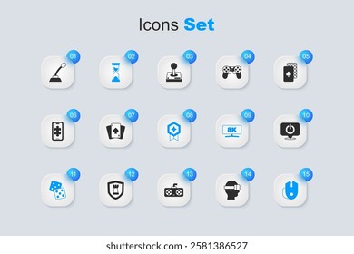 Set Virtual reality glasses, Playing cards, Old hourglass, Game dice, Computer mouse, Power button, Microphone and rating with medal icon. Vector