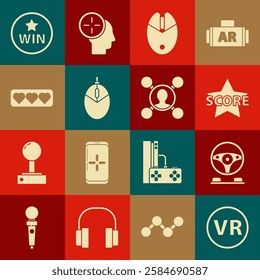 Set Virtual reality glasses, Racing simulator cockpit, Star, Computer mouse gaming, Like and heart, Medal and Share icon. Vector