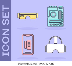 Establezca Gafas de realidad virtual, Gafas inteligentes, Smartphone, teléfono móvil e icono de motherboard. Vector