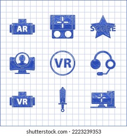 Setzen Sie Virtual-Reality-Brillen, Schwert für Spiel, Computer-Monitor, Kopfhörer, Account-Bildschirm erstellen, Star und Ar, erweitertes Symbol. Vektorgrafik