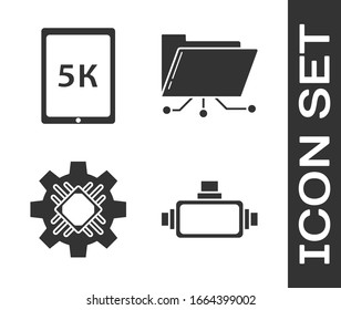 Set Virtual reality glasses, Tablet with text 5k, Processor and Folder and lock icon. Vector