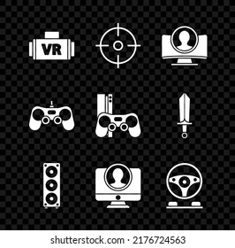 Establecer gafas de realidad virtual, Deportes de destino, Crear pantalla de cuenta, Altavoz estéreo, Cocpit de simulador de carreras, Gamepad y consola con icono de joystick. Vector