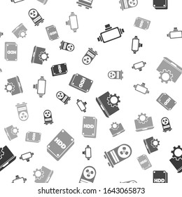 Set Virtual reality glasses, Video graphic card, Laptop and gear and Hard disk drive HDD on seamless pattern. Vector