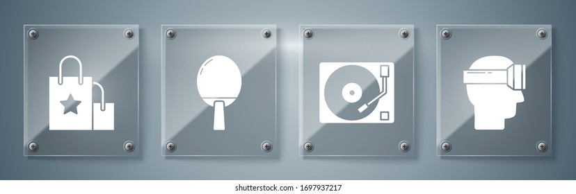 Set Virtual reality glasses, Vinyl player with a vinyl disk, Racket for playing table tennis and Paper shopping bag. Square glass panels. Vector