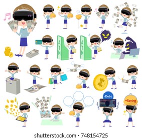 A set virtual reality goggle woman with concerning money and economy.
There are also actions on success and failure.
It's vector art so it's easy to edit.