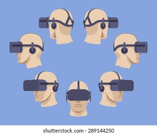 Set of the virtual reality headsets. The objects are isolated against the light-violet background and shown from different sides