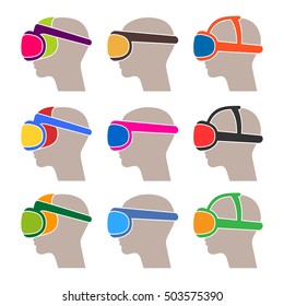 A set of virtual reality headsets. Vector illustration EPS 10. Isolated on white background.