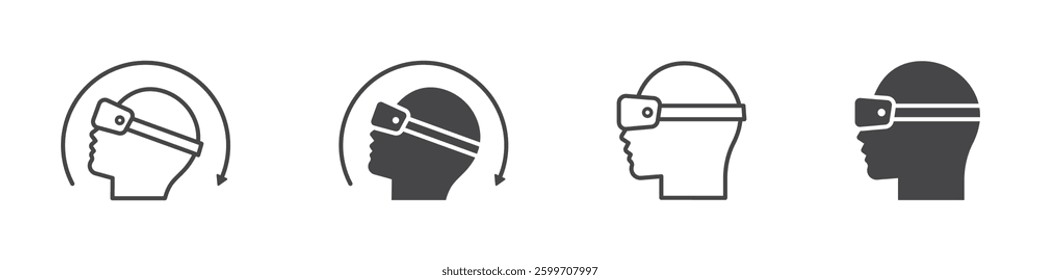 Set of virtual reality icons. Head human with virtual reality headset icons, goggles, 360 degree, arrow. Vector illustration. EPS10.