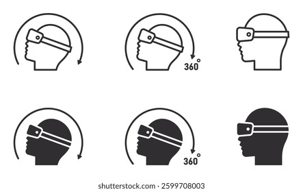 Set of virtual reality icons. Head human with virtual reality headset icons, goggles, 360 degree, arrow. Vector illustration. EPS10.