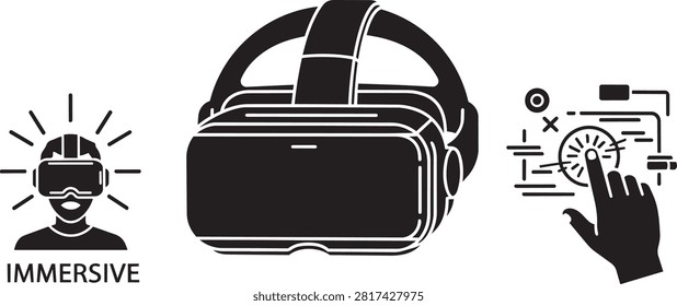 Set of virtual reality icons including a VR headset, a person wearing immersive glasses, and a hand interacting with a digital interface. Vector illustration.