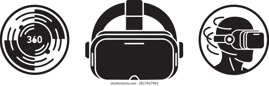 Set of virtual reality icons including a 360 degree view symbol, a VR headset device, and a person wearing a virtual reality headset. Vector illustration.