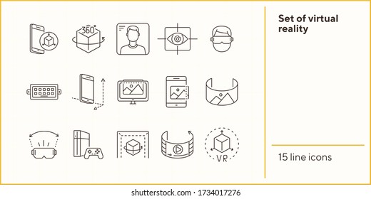 Set of virtual reality icons. Mobile and cube, eye scanner, game consol. Virtual reality concept. Vector illustration can be used for topics like VR, modern technologies, inventions