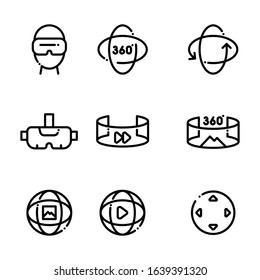 Set of Virtual Reality Icons. Simple Vector line icons. Containing icons as VR headset, 360 Rotation, Video Panorama, Photo, Arrows. EPS 10