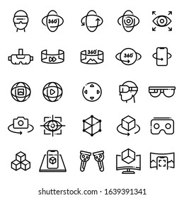 Set of Virtual Reality Icons. Simple Vector line icons. Containing icons as VR, 360 View, Headset, Panorama, Mobile rotation, Arrows, Virtual Reality Goggles, Photography, Controllers, Scan. EPS 10