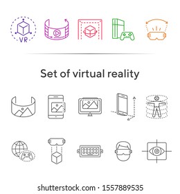 Set of virtual reality line icons. DUSB, planet and gamepad, 3D man. Virtual reality concept. Vector illustration can be used for topics like VR, modern technologies, inventions