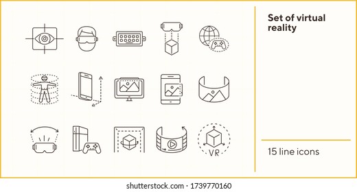 Set of virtual reality line icons. DUSB, planet and gamepad, 3D man. Virtual reality concept. Vector illustration can be used for topics like VR, modern technologies, inventions