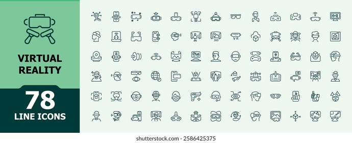 Set of Virtual Reality line icons. It contains symbols to gaming, 3d, augmented, graphic, camera, ai and more. Collection for mobile and web apps. Modern vector illustration.