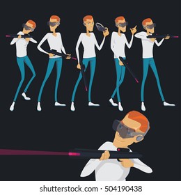 Set the virtual reality player shooter game concept, the man at the head of the vr device in the hands of weapons