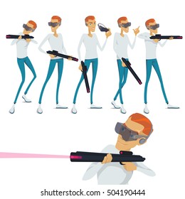 Set the virtual reality player shooter game concept, the man at the head of the vr device in the hands of weapons
