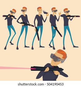Set the virtual reality player shooter game concept, the man at the head of the vr device in the hands of weapons
