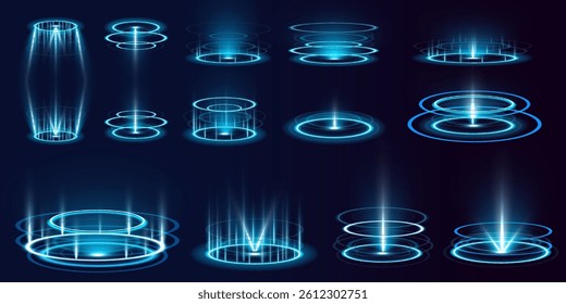 Set of virtual reality portals with teleportation effects. Bright blue neon rays and flares create a cybernetic atmosphere. Vector illustration for VR.	
