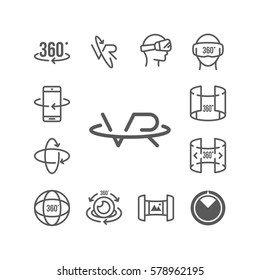 Set of  Virtual Reality Related 360 Degree Image and Video Icons.Contains such Icons as 360 Degree View, Panorama, Virtual Reality Helmet and  Rotation Arrows