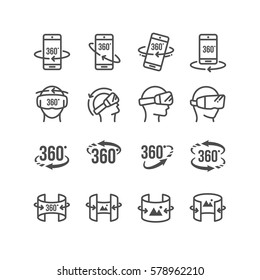 Set of  Virtual Reality Related 360 Degree Image and Video Icons.Contains such Icons as 360 Degree View, Panorama, Virtual Reality Helmet and  Rotation Arrows