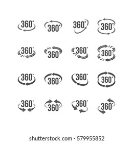 Set of Virtual Reality Related 360 Grad oder 360 Ansichten Symbol mit 360 Pfeilen für Virtual Reality-Bild und -Video