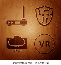 Set Virtual reality, Router and wi-fi signal, Computer monitor screen and Cyber security on wooden background. Vector