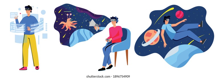 Set of virtual reality simulation characters. Man with VR headset with touching vr interface and playing computer games. Vector illustration in cartoon style.