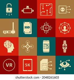 Set Virtual reality, Smartwatch, Project team base, Processor, SSD card, Router and wi-fi signal, Lock on digital circuit board and  icon. Vector