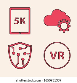 Set Virtual reality, Tablet with text 5k, Cloud technology data transfer and storage and Cyber security icon. Vector