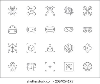 Set of Virtual Reality and tech line style. It contains such as futuristic, display, smart tech, technology, device, 360 degrees, VR, future and other elements.