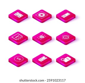 Set Virtual reality, Video graphic card, Tablet, Processor, File document, Music player and Computer cooler icon. Vector