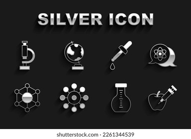 Set Virus, Atom, Genetically modified apple, Test tube, Molecule, Pipette, Microscope and Earth globe icon. Vector
