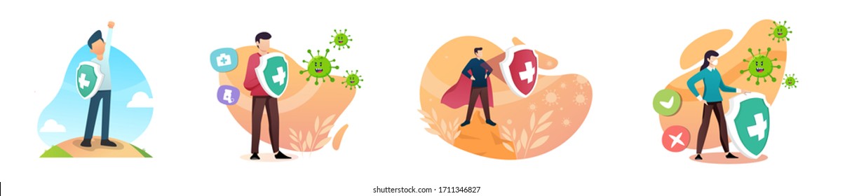 Set Virus attacks people vector illustration. Men and women wearing medical defend to avoiding infection flat style concept. Population during epidemic of disease
