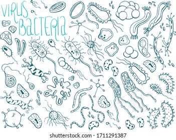 Conjunto de virus, bacterias. Dibujo manual de símbolos y objetos vectoriales.