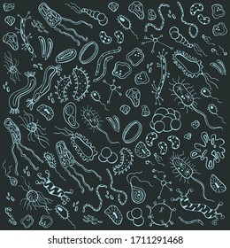 Conjunto de virus, bacterias. Dibujo manual de símbolos y objetos vectoriales.
