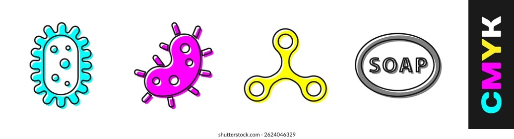 Set Virus, Virus, Virus and Bar of soap icon. Vector