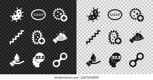 Set Virus, Bar of soap, Positive virus, Washing hands with, High human body temperature,  and  icon. Vector