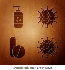 Set Virus, Bottle of liquid antibacterial soap, Medicine pill or tablet and Virus on wooden background. Vector