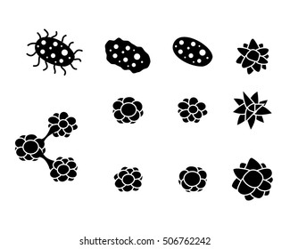 Set of virus and cancer cell icons in silhouette