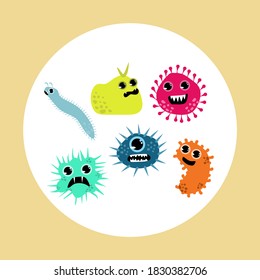 Set of virus cartoon germ character. Funny cute monster viruses biological allergy cancer microbes aids epidemiology infection germ flu bacteria cartoon vector.