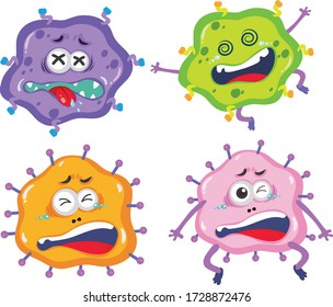 Set of virus cells with facial expressions on white background illustration