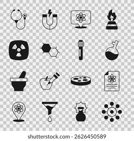 Set Virus, Chemistry report, Test tube, Atom, Chemical formula, Radioactive, Stethoscope and  icon. Vector