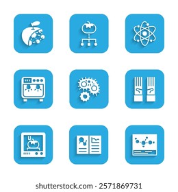 Set Virus, Clinical record, Chemical formula, Medical rubber gloves, 3D printing technology, Biosafety box, Atom and Biological structure icon. Vector