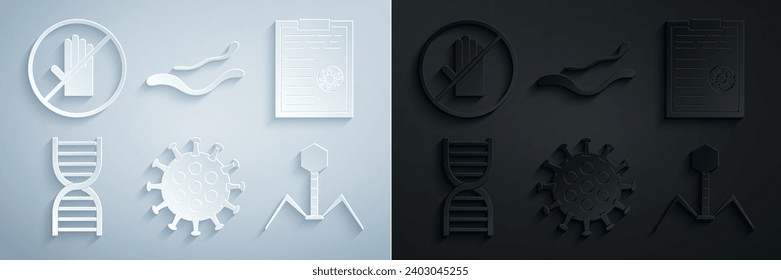 Set Virus, Clipboard with blood test results, DNA symbol, Bacteria bacteriophage, Ebola virus disease and No handshake icon. Vector