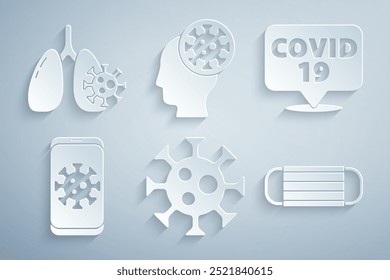 Set Virus, Corona virus on location, statistics mobile, Medical protective mask, Human and and cells in lung icon. Vector