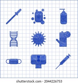 Set Virus, DNA-Spirale und Computer, Spritze, Hand mit Virus, medizinische Schutzmaske, Symbol, Flasche von flüssigen antibakteriellen Seife und Pipette Symbol. Vektorgrafik